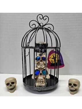 Halloween Skull Cage LED Light Decor w/ 2 Mini Skull Accents Gothic Hanging Deco